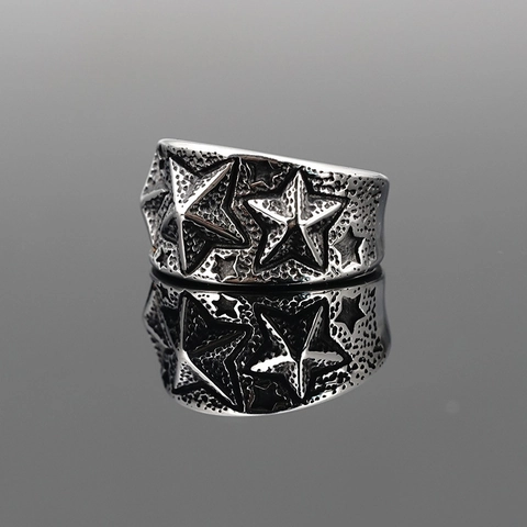 Anello in Acciaio Inossidabile con Stelle in Rilievo Vintage Hip Hop da Uomo Punk Retrò a Fascia Larga Gioielli Regalo
