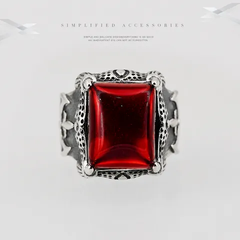 Vintage Mens Punk Stainless Steel Ring Distressed Gothic Biker Cross Signet Ring Rectangle Red Rhinestone Inlaid Jewelry