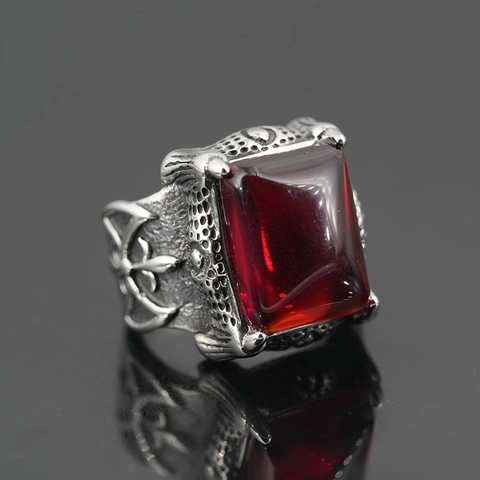 Vintage Herren Punk Edelstahl Ring Distressed Gotik Biker Kreuz Siegelring Rechteck Rot Strass Eingelegt Schmuck