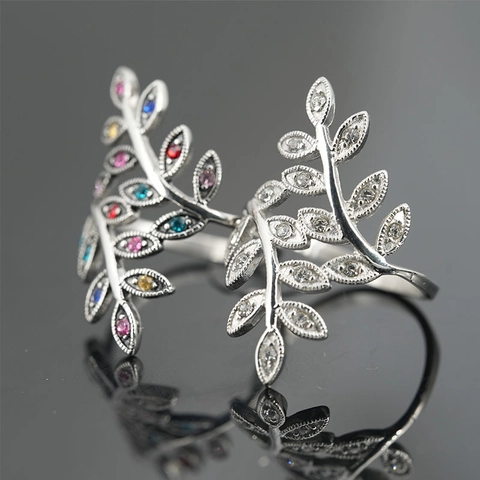 Fashion Stainless Steel Leaf Branch Open Ring Multicolor Rhinestone Inlaid Adjustable Finger Ring For Women Jewelry Gift