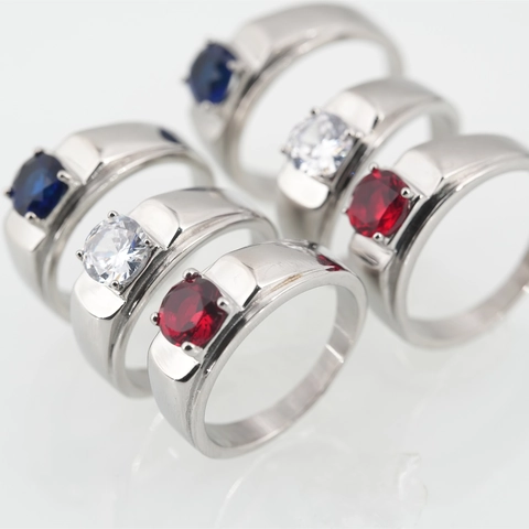 Minimalist Stainless Steel Ring For Men Women Four Claw Inlaid Round Red Ruby Blue Sapphire White Zircon Gemstone Band Jewelry