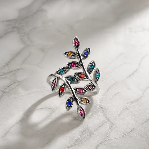Fashion Stainless Steel Leaf Branch Open Ring Multicolor Rhinestone Inlaid Adjustable Finger Ring For Women Jewelry Gift