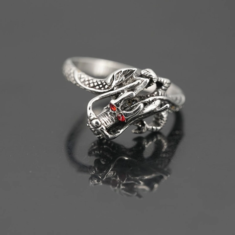 Vintage Titanium Steel Dragon Ring For Men Domineering Dragon Head With Red Rhinestone Eyes Punk Dragon Scale Finger Jewelry