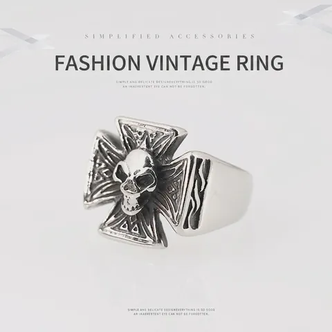 Herren Vintage Punk Totenkopf Ring Titanstahl Eisernes Kreuz Biker Ring Gothic Hip Hop Dominanter Bandring Für Männer Größe 7-13