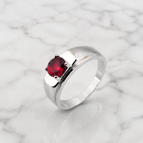 Minimalist Stainless Steel Ring For Men Women Four Claw Inlaid Round Red Ruby Blue Sapphire White Zircon Gemstone Band Jewelry