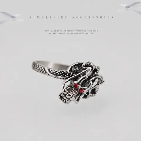 Vintage Titanium Steel Dragon Ring For Men Domineering Dragon Head With Red Rhinestone Eyes Punk Dragon Scale Finger Jewelry