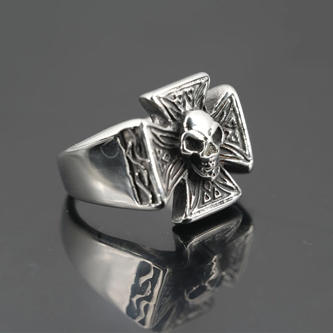 Herren Vintage Punk Totenkopf Ring Titanstahl Eisernes Kreuz Biker Ring Gothic Hip Hop Dominanter Bandring Für Männer Größe 7-13