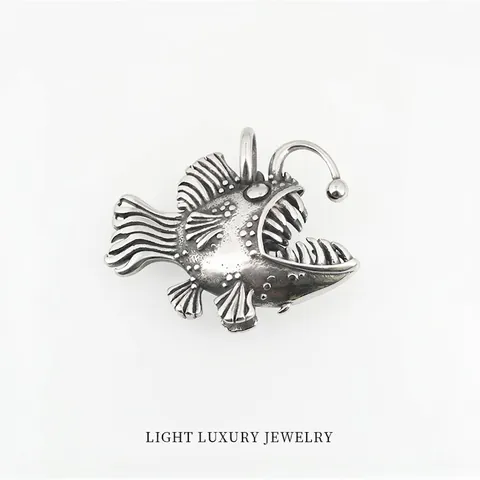 Vintage Stainless Steel Anglerfish Pendant Necklace Men Deep Sea Glow Fish Hip Hop Street Punk Gothic Animal Sweater Chain Jewelry