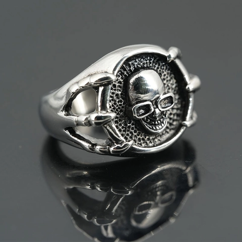 Vintage Punk Stainless Steel Skull Ring With Glasses Gothic Rock Men Retro Distressed Claw Ring Halloween Jewelry Gift
