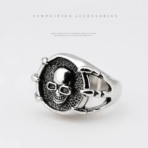 Vintage Punk Stainless Steel Skull Ring With Glasses Gothic Rock Men Retro Distressed Claw Ring Halloween Jewelry Gift