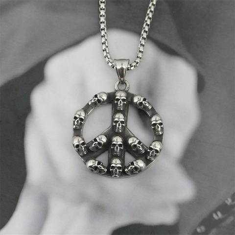 Retro Hip Hop Skull Peace Sign Pendant Necklace For Men Titanium Stainless Steel Gothic Punk Skull Pendant Jewelry