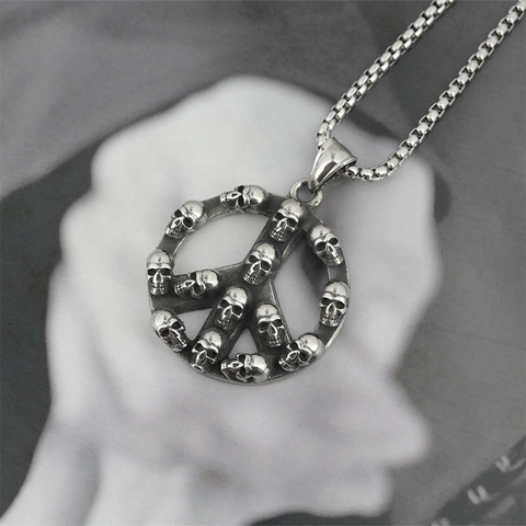Retro Hip Hop Skull Peace Sign Pendant Necklace For Men Titanium Stainless Steel Gothic Punk Skull Pendant Jewelry