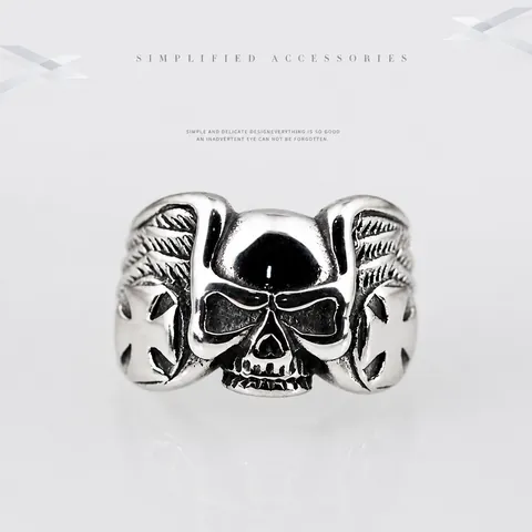 Men Vintage Punk Skull Ring Distressed Titanium Steel Gothic Biker Wings Cross Finger Ring Halloween Jewelry Gift For Men
