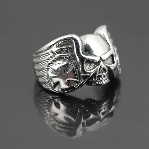 Men Vintage Punk Skull Ring Distressed Titanium Steel Gothic Biker Wings Cross Finger Ring Halloween Jewelry Gift For Men