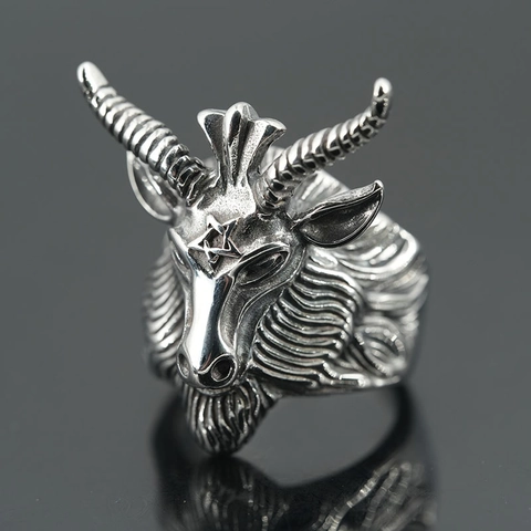 Vintage Gothic Baphomet Goat Head Ring For Men Titanium Steel Pentagram Punk Rock Biker Statement Ring Jewelry Accessory