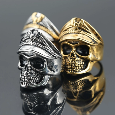 Punk Retro Veraltet Titanstahl Totenkopf Ring Herren Vintage Militärmütze Adler Emblem Gothic Biker Schmuck Fingerring