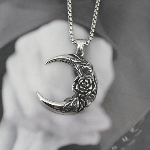 Vintage Edelstahl Mondsichel Rose Anhänger Halskette Gothic Hip Hop Geprägter Mond Schmuck Für Damen Herren Unisex Geschenk
