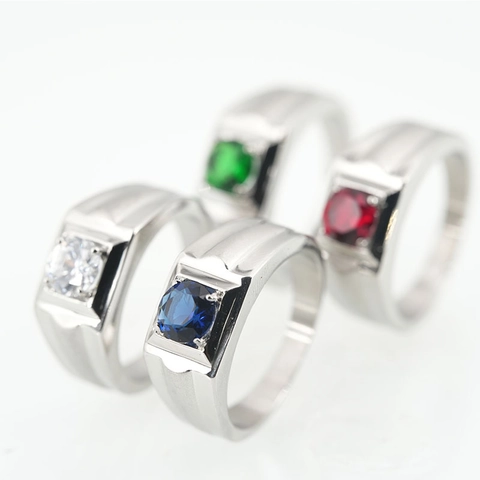 Vintage Bold Stainless Steel Ring With Round Red Blue Green White Zirconia Gemstone Commute Jewelry For Men Women Daily Ring