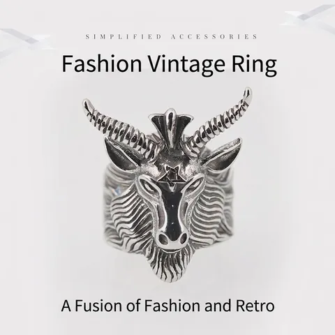Vintage Gothic Baphomet Goat Head Ring For Men Titanium Steel Pentagram Punk Rock Biker Statement Ring Jewelry Accessory