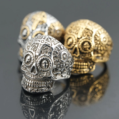 Vintage Edelstahl Totenkopf Ring Für Herren Gothic Punk Sugar Skull Kreuz Ring Mit Sonnenblumen Schnitzerei Schmuck