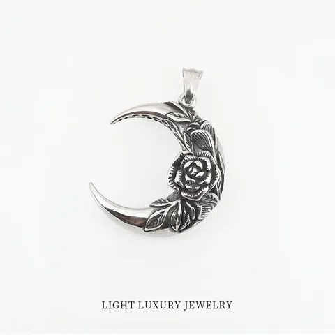 Vintage Edelstahl Mondsichel Rose Anhänger Halskette Gothic Hip Hop Geprägter Mond Schmuck Für Damen Herren Unisex Geschenk