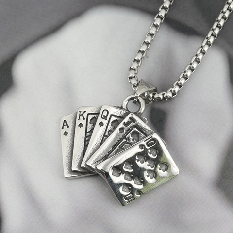 Vintage Titanium Steel Poker Card Pendant Necklace Spades Royal Flush Ace To Ten Hip Hop Distressed Jewelry For Men Boys