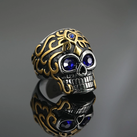 Herren Gotisch Totenkopf Titanium-Stahl Ring Retro Punk Inlay Rot Blau Strass Siegelring Galvanisierter Schmuck