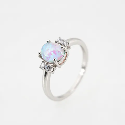 Anillo de Ópalo Artificial Ovalado de Acero de Titanio Vintage para Mujeres Hombres Color Plata con Diamantes de Imitación Joyería