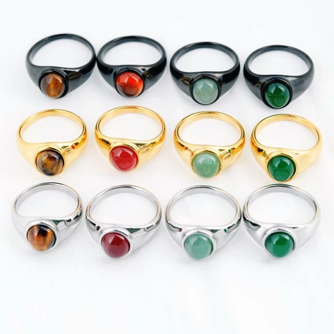Vintage Titanium Steel Signet Ring For Women Men Oval Tiger Eye Stone Red Agate Aventurine Inlaid Retro Fashion Jewelry Ring