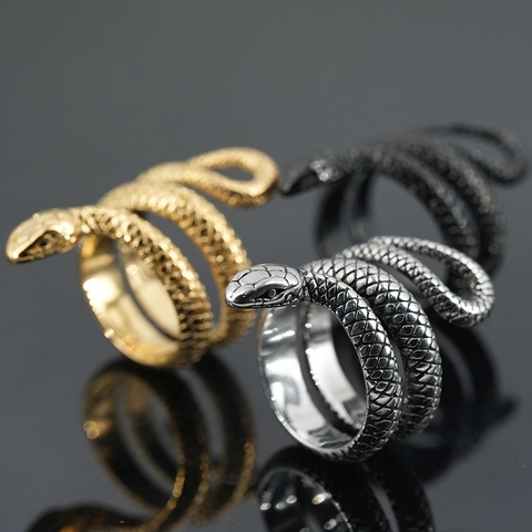 Punk Stainless Steel Snake Ring For Men Women Vintage Gothic Spiral Wrap Snake Finger Ring Gold Silver Black Animal Jewelry