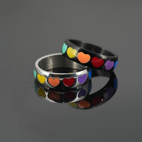 Titanium Steel Rainbow Heart Band Ring For Men Women LGBTQ Pride Enamel Colorful Heart Finger Ring Hip Hop Fashion Jewelry