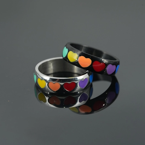 Titanium Steel Rainbow Heart Band Ring For Men Women LGBTQ Pride Enamel Colorful Heart Finger Ring Hip Hop Fashion Jewelry