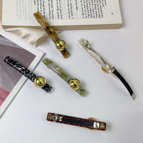 Elegante Fermaglio per Capelli in Acetato per Donna Lusso Francese Motivo Marmo Clip a Molla con Bottone Rotondo in Metallo Dorato