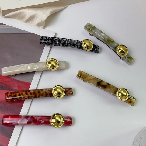 Elegante Fermaglio per Capelli in Acetato per Donna Lusso Francese Motivo Marmo Clip a Molla con Bottone Rotondo in Metallo Dorato