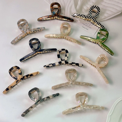 Grande Pinza per Capelli in Lega di Acetato per Donna Elegante Marmo Scacchiera Modello Shark Clip Retro Moda Accessori per Capelli