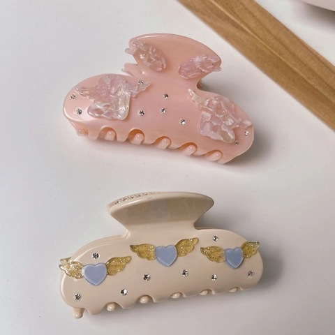 Pinza de Pelo de Acetato con Relieve de Ángel y Corazón Alado Strass Flor Pinza Grande Accesorios de Moda para Mujer