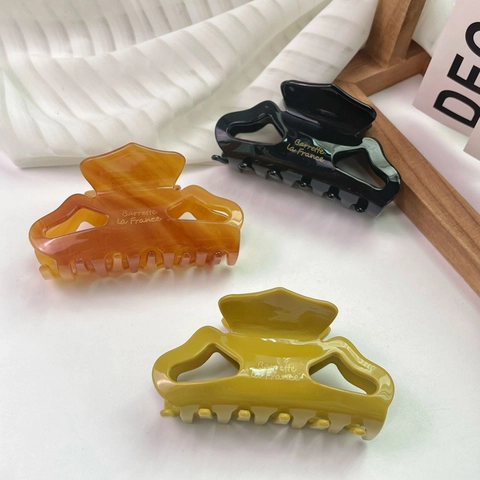 Pinza de Pelo de Acetato Vintage Francés para Mujer Letras Doradas Hueca Marmoleada Color Sólido Accesorios para el Cabello