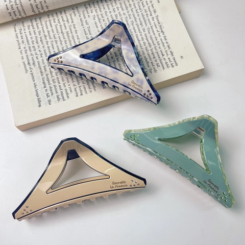 Franse Stijl Acetaat Driehoek Haarklauw Grote Strass Geometrisch Marmerpatroon Haarklem Voor Vrouwen Haarstyling Accessoire