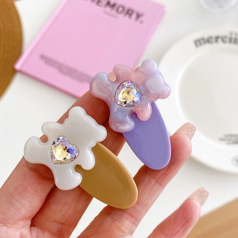 Mode Acetaat Cartoon Beer Hart Strass Haarclip Kleine Elegante Eendenbek Zijclip Dagelijks Zoete Haar Sieraden Voor Vrouwen