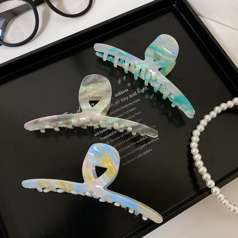 Grote Celluloseacetaat Haarklem Voor Dames Zomer Frisse Gradiënt Iriserende Marmeren Textuur Haaienclip Elegante Haaraccessoires
