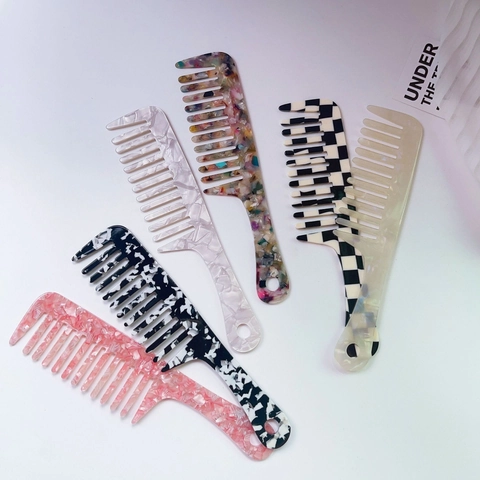 Acetate Hair Comb Marble Pattern Wide Tooth Detangling Comb Anti-static Geometric Handle Styling Tool For Women Daily Hair Care