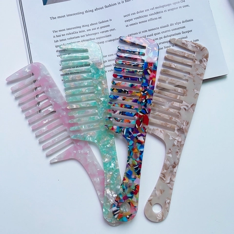 Acetate Hair Comb Marble Pattern Wide Tooth Detangling Comb Anti-static Geometric Handle Styling Tool For Women Daily Hair Care