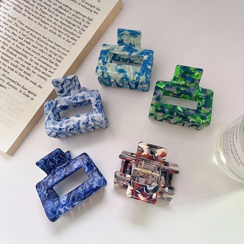 Acetate Square Hair Claw Clip Marble Texture Geometric Hollow Hairpin Elegant Handmade Korean Hair Accessories For Women