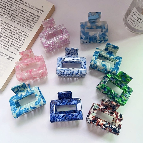 Acetate Square Hair Claw Clip Marble Texture Geometric Hollow Hairpin Elegant Handmade Korean Hair Accessories For Women