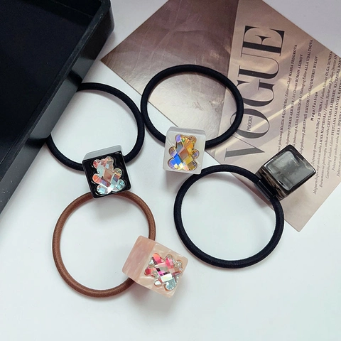 Élastique à Cheveux Haute Élasticité Design Cube en Acétate Ours Strass Anneau de Cheveux Accessoire de Coiffure Femme