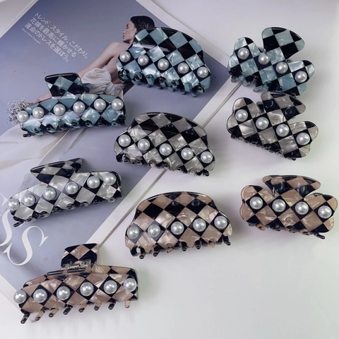 Retro French Checkerboard Acetate Hair Claw With Artificial Pearl Bow Semicircle Square Shark Clip Hair Accessories For Women