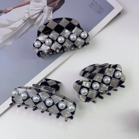 Retro French Checkerboard Acetate Hair Claw With Artificial Pearl Bow Semicircle Square Shark Clip Hair Accessories For Women