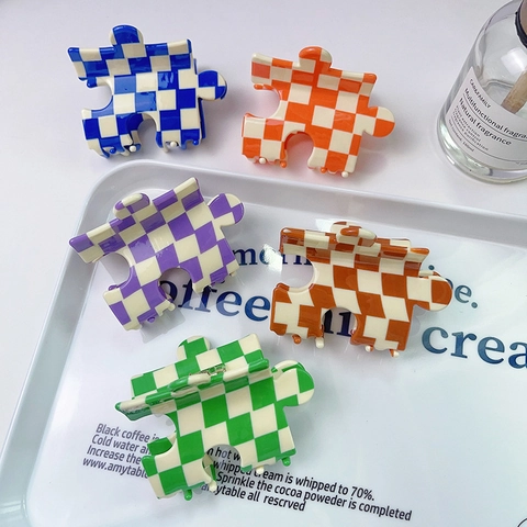 Puzzle Piece Checkerboard Acetate Hair Claw Clip Non-Slip Fashionable Hair Accessory For Women Ins Style Trendy Shark Clip