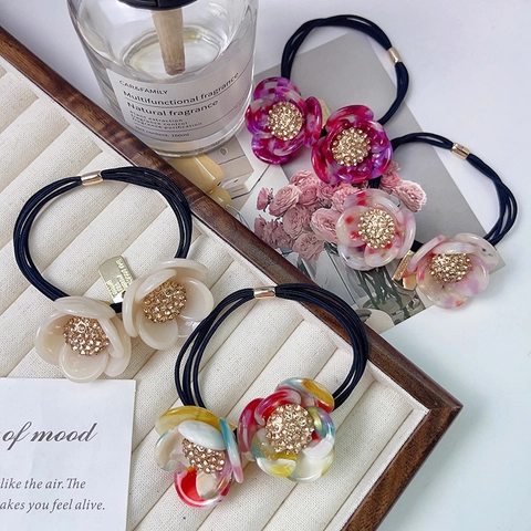 Elegante Elastico per Capelli a Doppio Strato con Fiore in Acetato di Cellulosa Alta Elasticità con Strass per Donna Accessori Moda