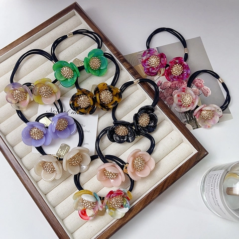 Elegante Elastico per Capelli a Doppio Strato con Fiore in Acetato di Cellulosa Alta Elasticità con Strass per Donna Accessori Moda